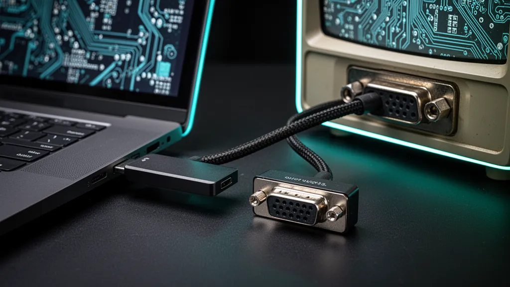 Petit adaptateur HDMI vers VGA branché entre un ordinateur portable et un écran ancien sur un bureau