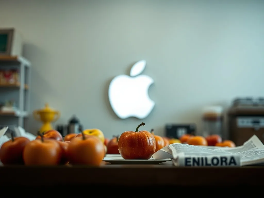 Logo Apple monochrome, pomme croquée stylisée sur fond clair neutre