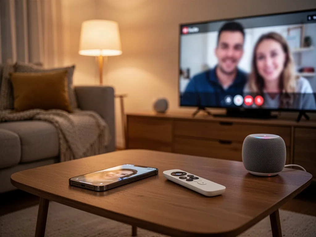 An iPhone on a coffee table beside an Apple TV remote, television displaying a FaceTime call with blurred figures, HomeP