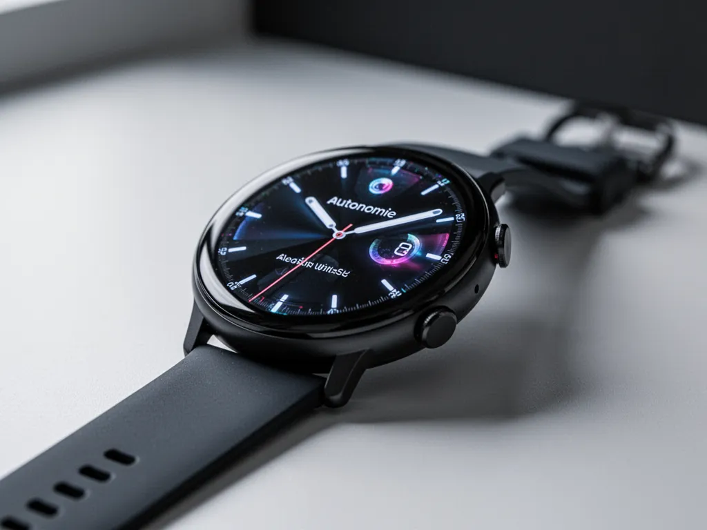Galaxy Watch 8 posée sur une table, écran allumé montrant l'heure et l'icône de batterie