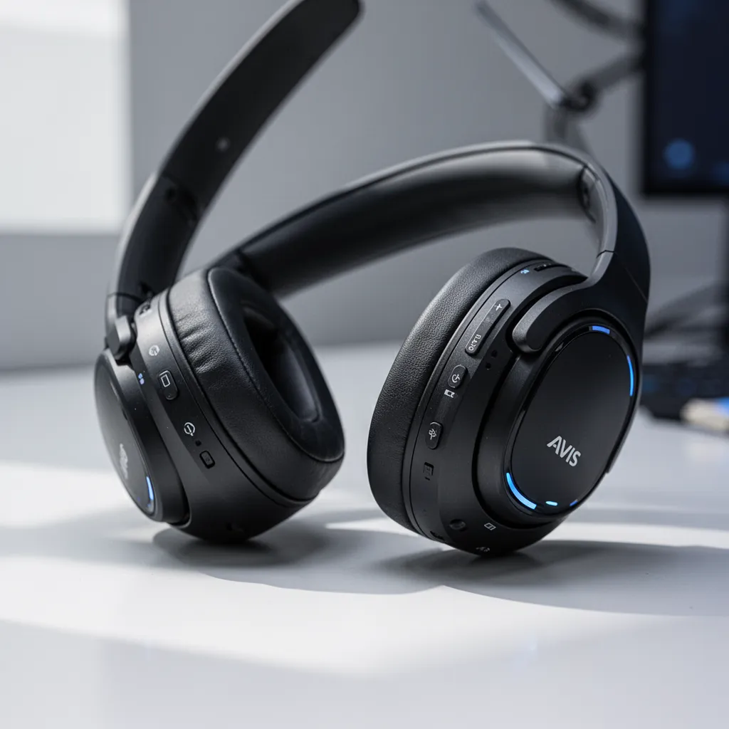 Vue de trois casques Bluetooth posés sur un bureau avec un laptop et des câbles, l'un ouvert à pliage, l'autre circum-aural, et un modèle compact