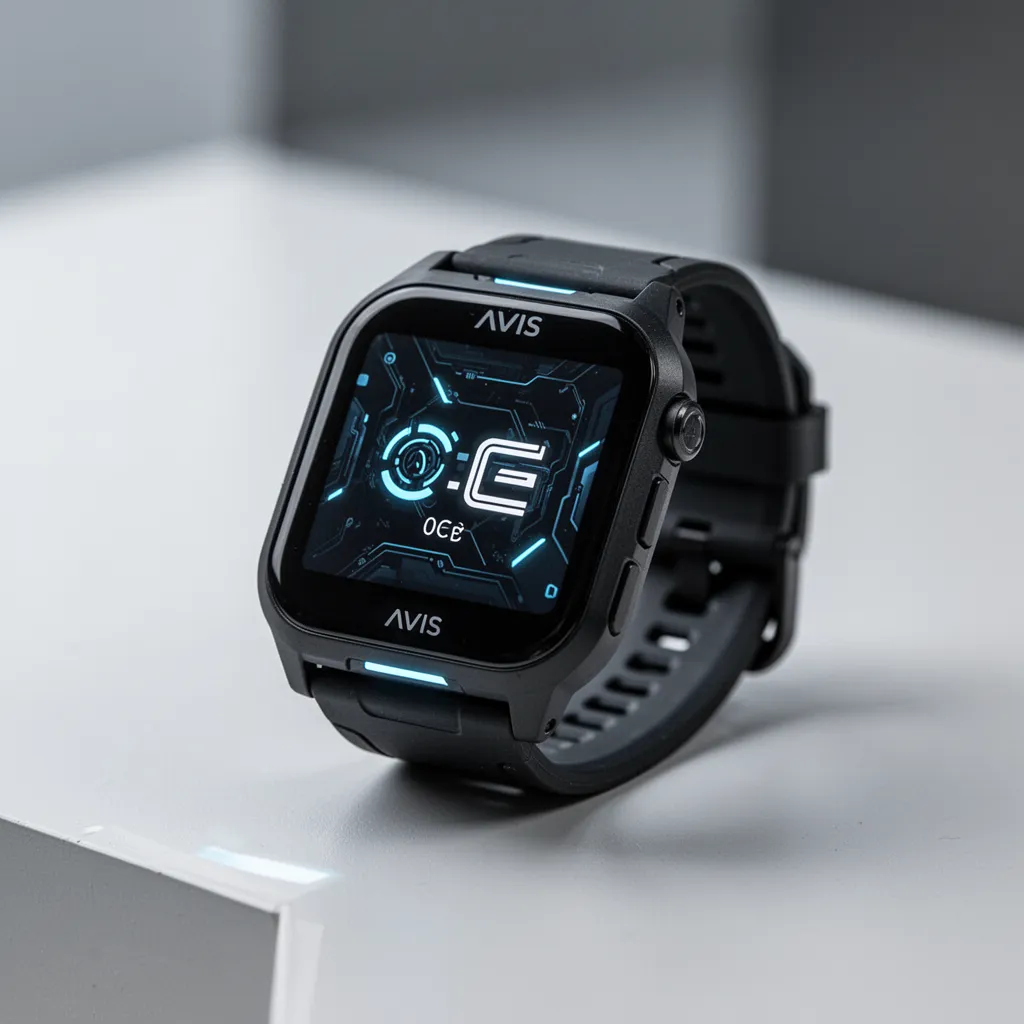 Montre connectée posée sur un bureau technique, écran montrant une courbe de fréquence cardiaque et des notifications de serveur