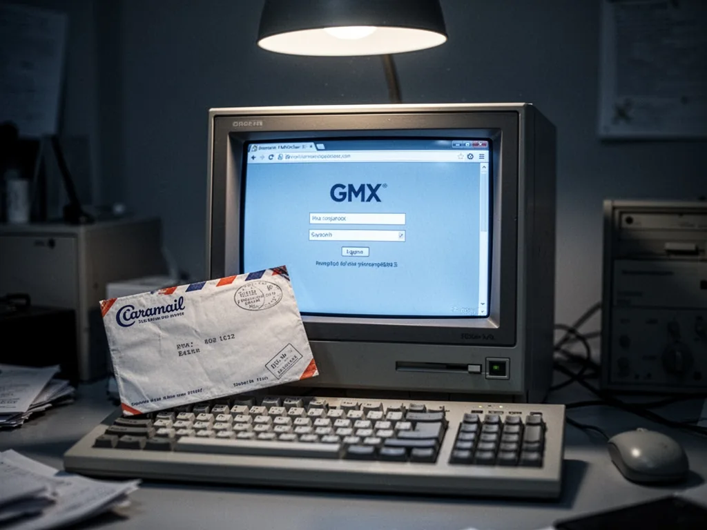 A vintage computer monitor displaying a GMX login page, an old Caramail envelope leaning against the keyboard, dim offic