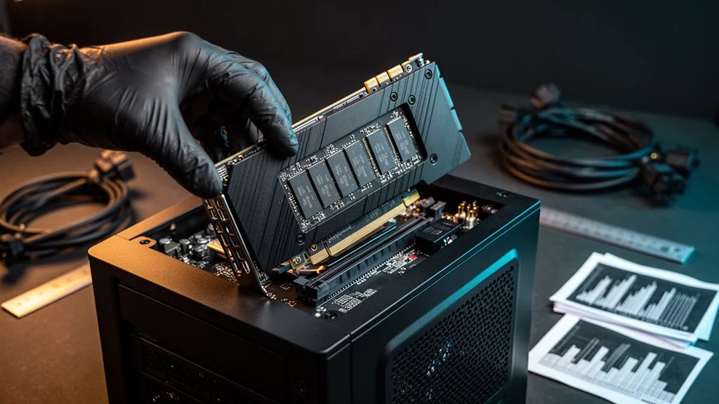 Carte graphique vue de côté dans un boîtier PC transparent, connecteurs et ventilateurs visibles