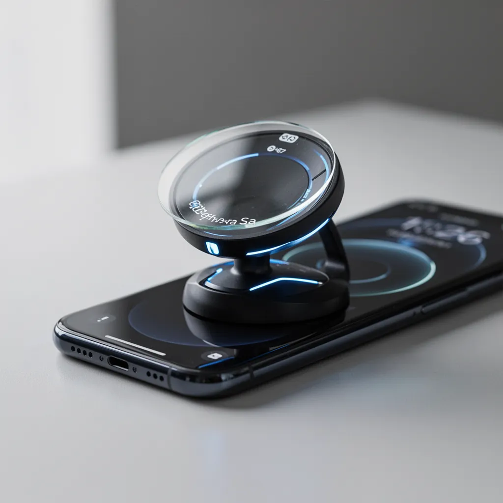 Un smartphone posé à côté d'une télévision allumée montrant la même image, câble HDMI et adaptateur visibles