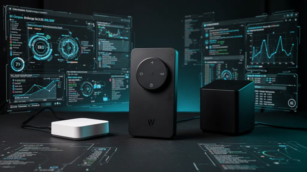 Vue d'un smartphone récent posé sur un bureau en acier, écran éteint, éclairage latéral