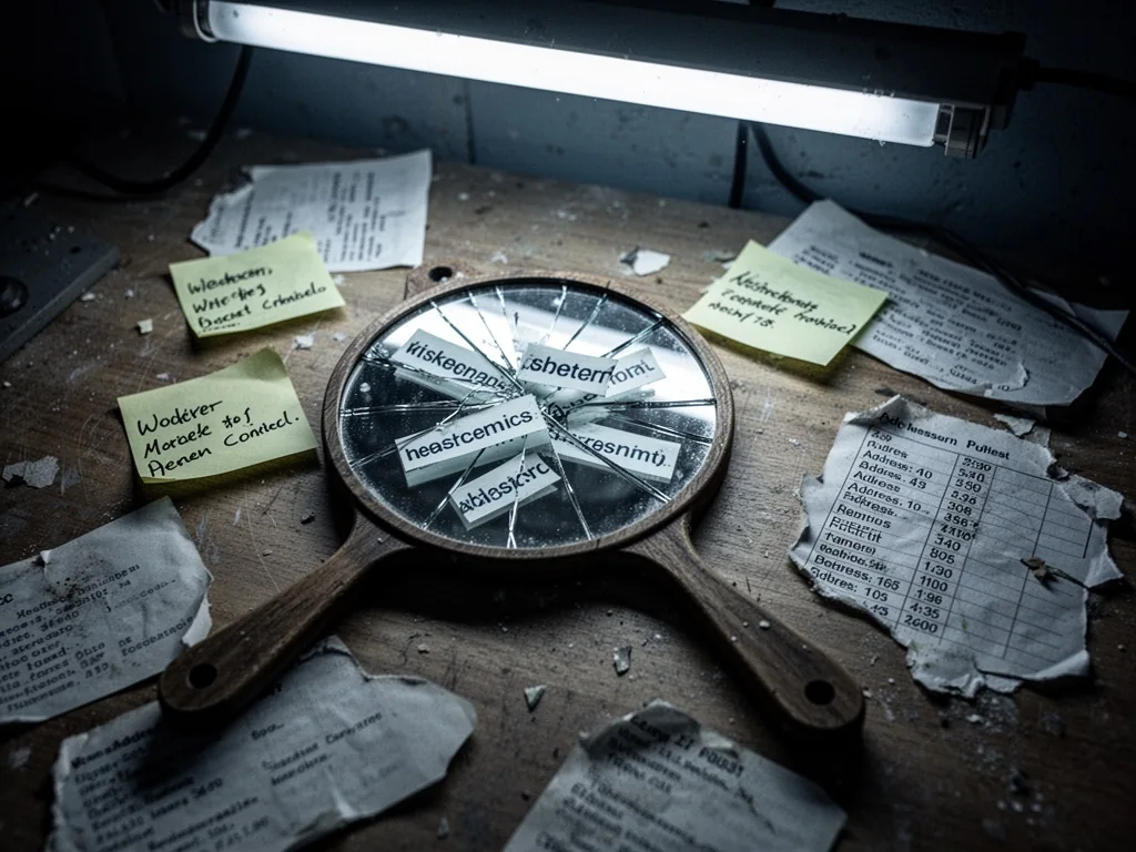 A cracked handheld mirror lying on a wooden desk, reflecting distorted fragments of website URLs on sticky notes, surrou