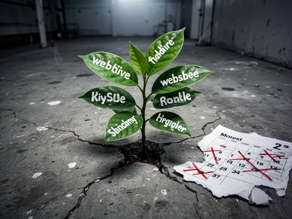 A fresh green plant shoot emerging from a cracked concrete floor, each leaf labeled with a different website name in whi