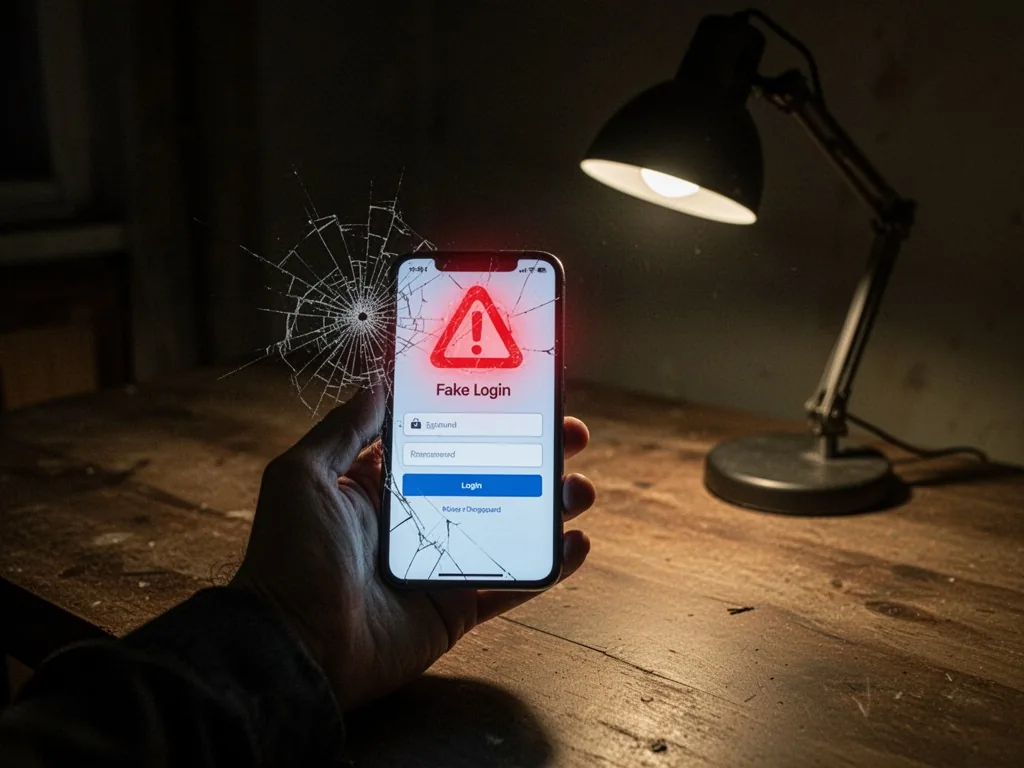 A hand holding a smartphone with a cracked screen displaying a fake login page, a red warning icon glowing, single desk