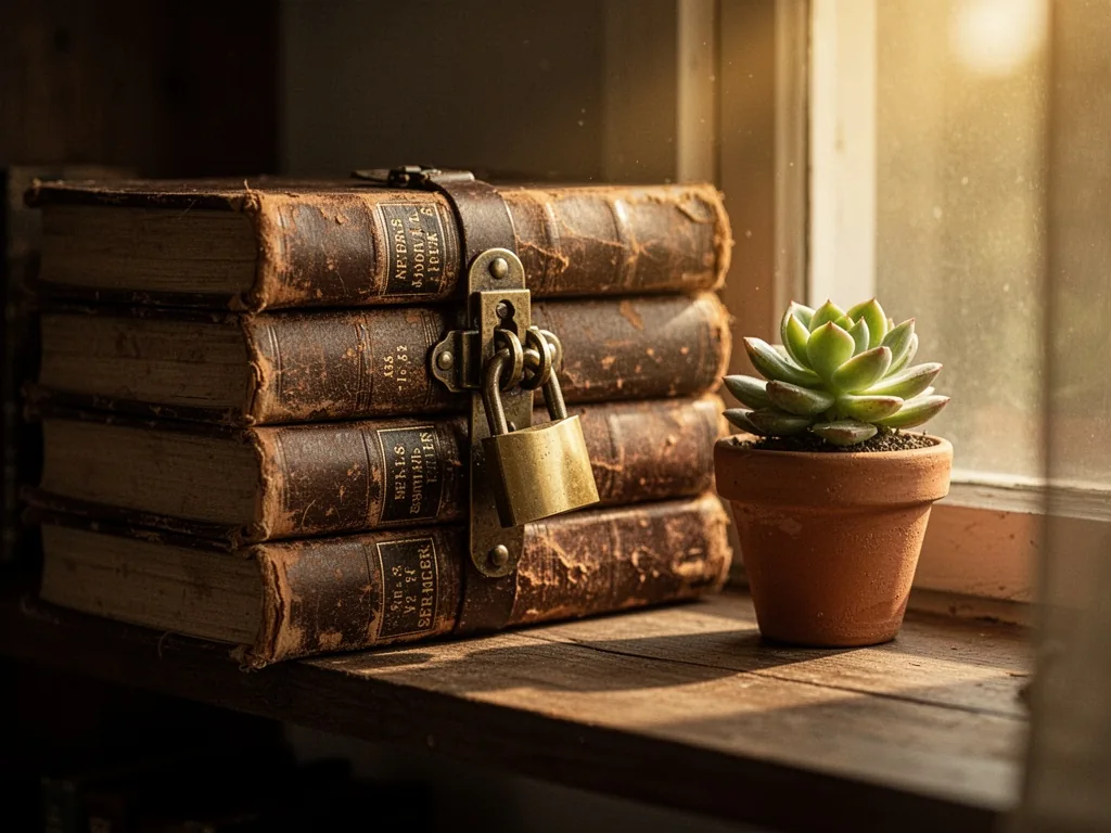 A stack of old leather-bound books secured with a brass padlock, a small succulent in a terracotta pot, warm golden sunl