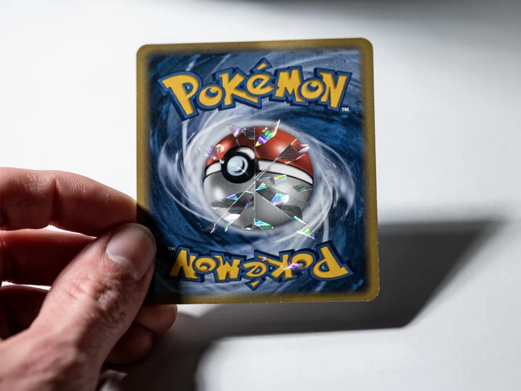 A close-up of a Pokémon card with a misaligned holographic foil pattern, held by fingertips on a white surface, harsh sh