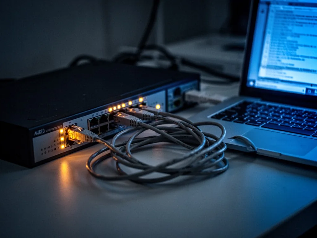 A network switch with blinking amber lights, a tangled ethernet cable leading to a laptop keyboard, dim blue glow from t