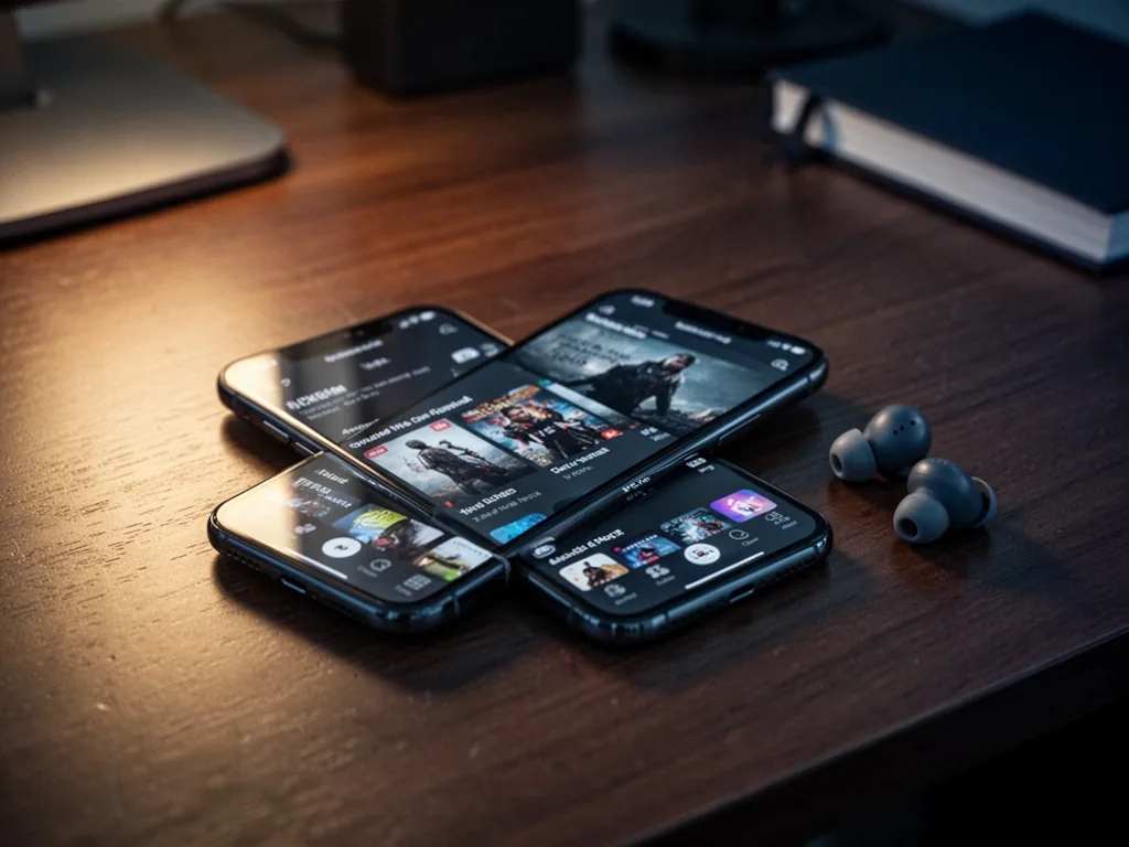 A sleek smartphone lying on a polished wooden desk, streaming app interface visible, a pair of wireless earbuds nearby,