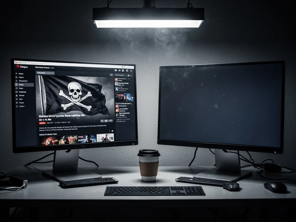 Two computer monitors on a desk, one displaying a streaming site with a pirate flag icon, the other a blank screen, a co