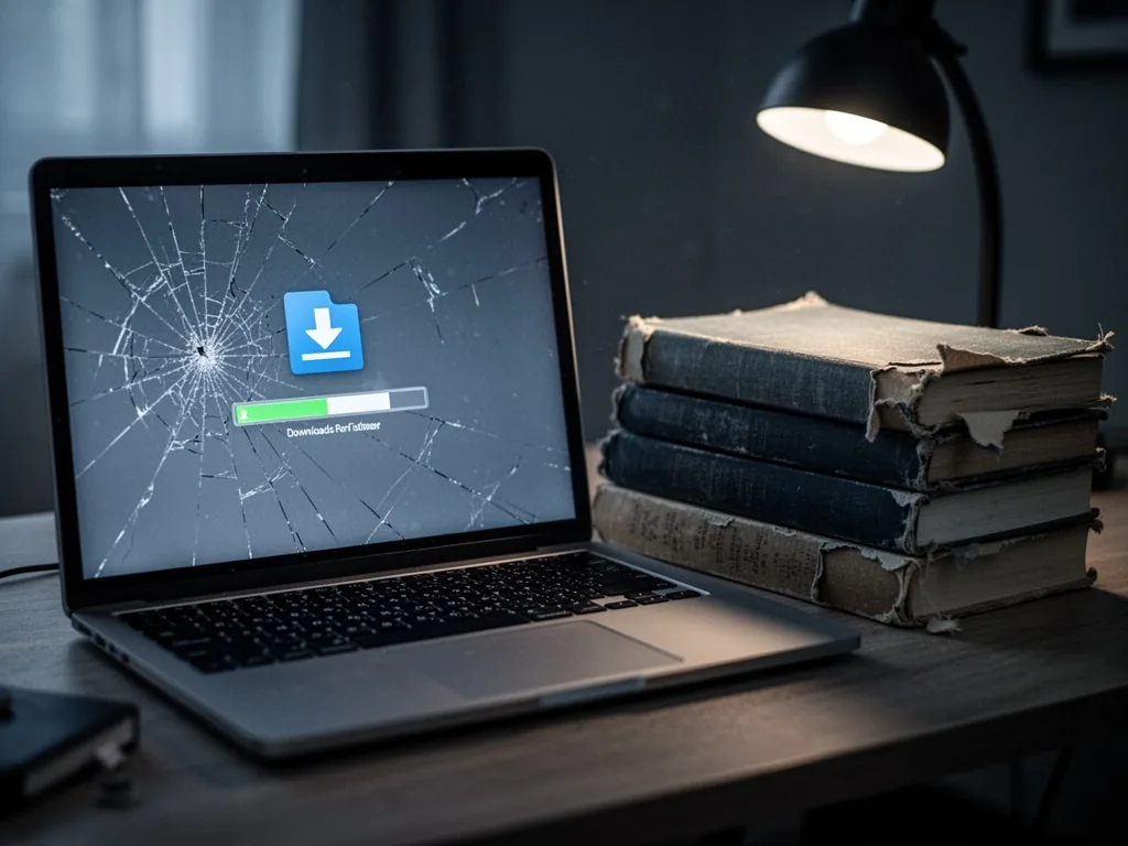 A cracked laptop screen displaying a download bar for a software installer, beside a stack of ebooks with torn covers, d