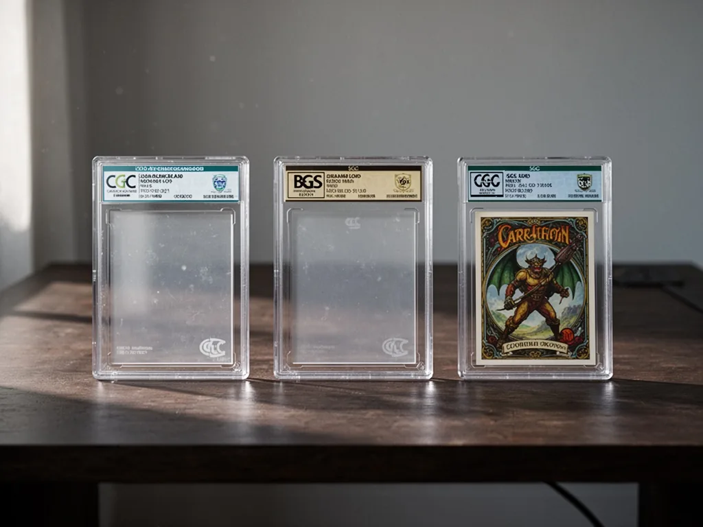 Three different brand grading slabs, CGC, BGS, SGC, lined up on a dark wooden desk, soft window light casting gentle sha