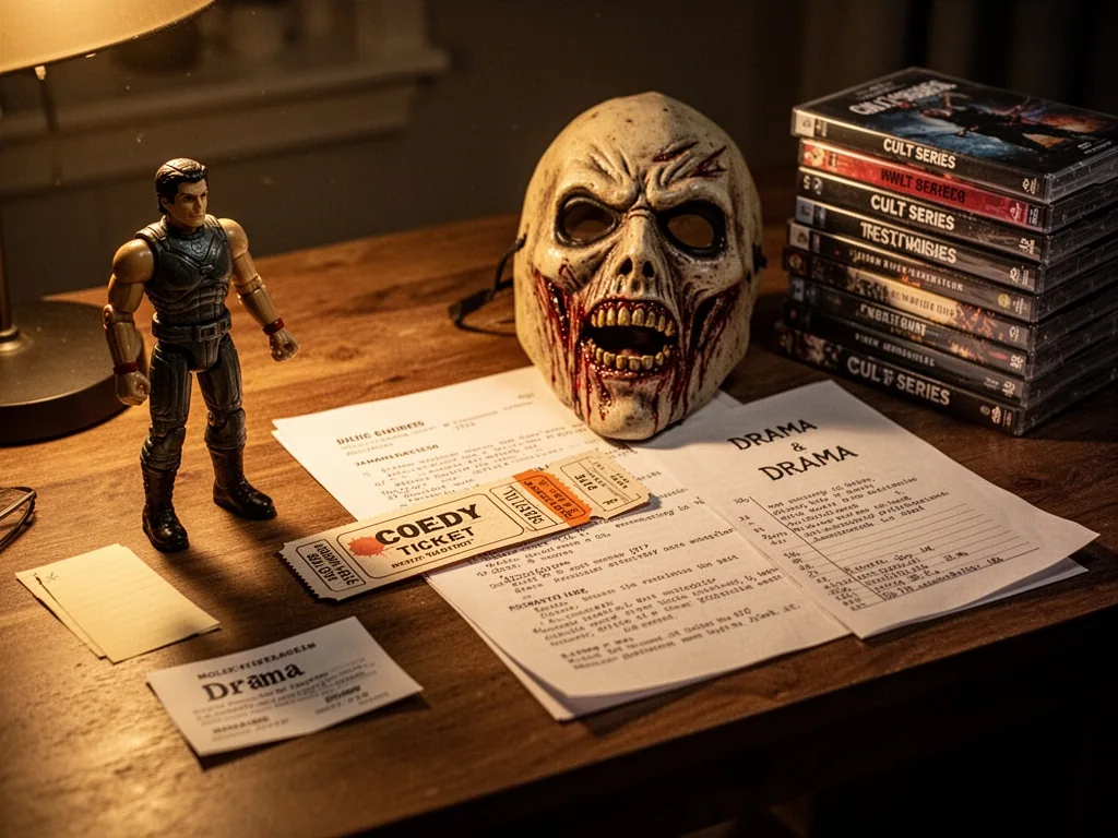 A wooden desk cluttered with a vintage action figure, a horror mask, a comedy ticket stub, a drama script, and a stack o