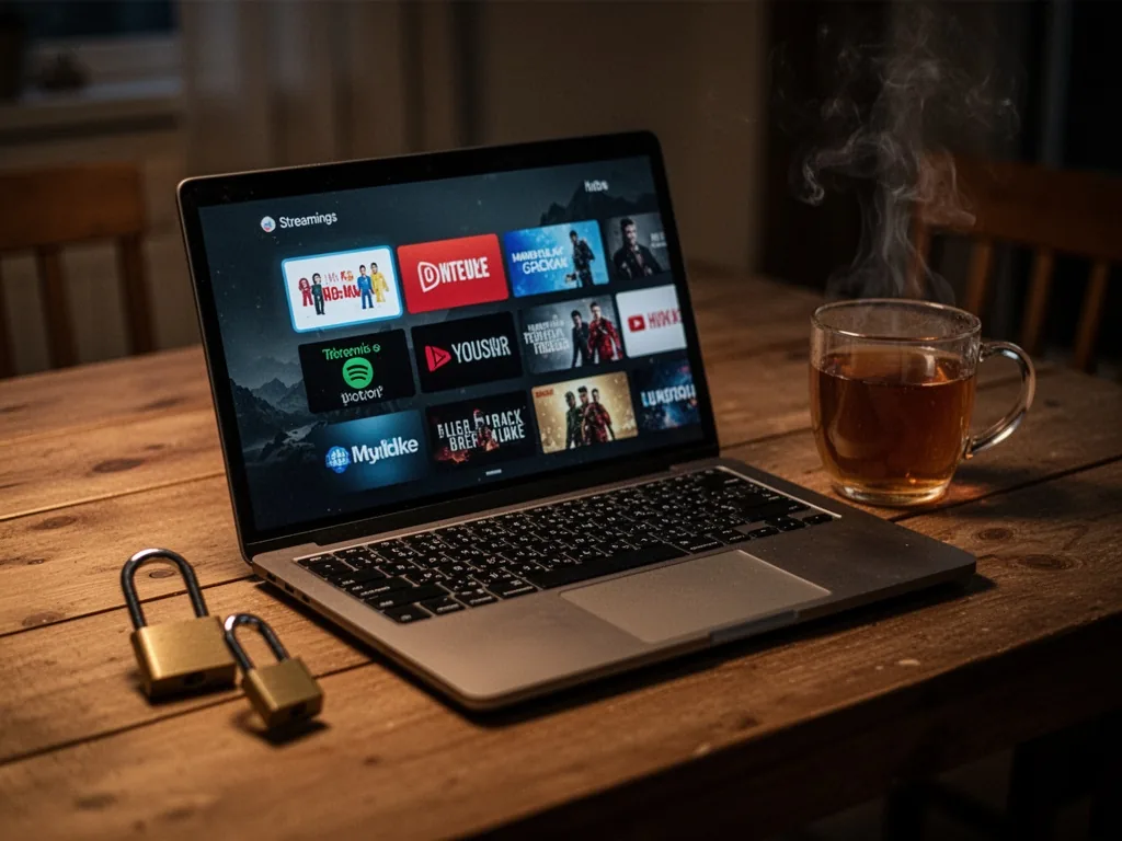 A laptop on a wooden table displaying streaming service logos on screen, a small padlock beside it, a steaming mug of te