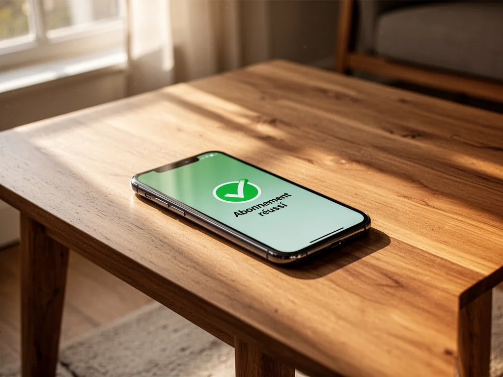 A smartphone displaying a green checkmark and "Abonnement réussi" on its screen, resting on a wooden coffee table, morni