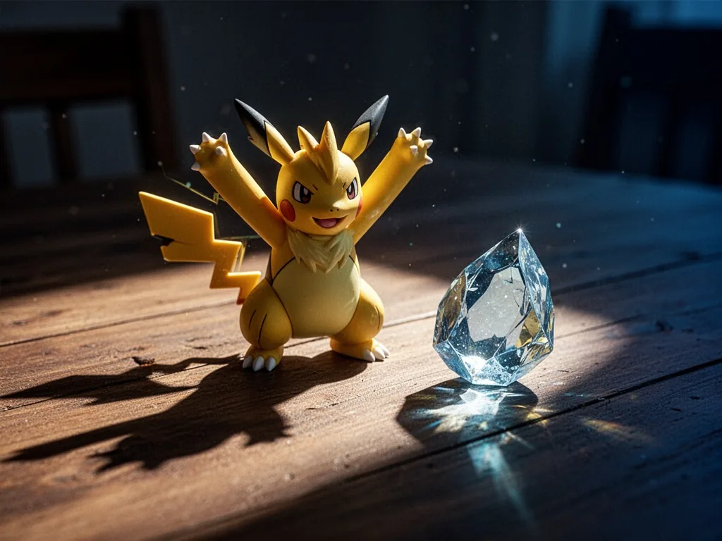 A single Pokémon figurine with raised arms on a wooden table, a gleaming Mega Stone beside it, harsh side light casting 