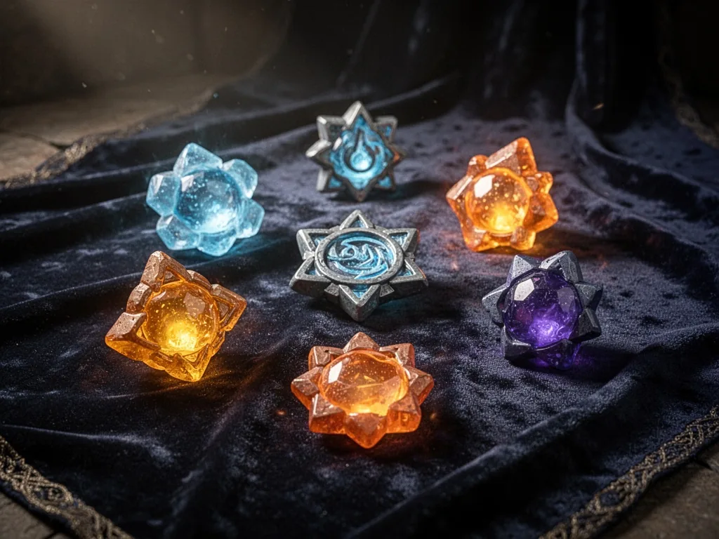 A collection of five Mega Stones in different colors laid on dark velvet cloth, each emitting a soft inner glow, cool bl