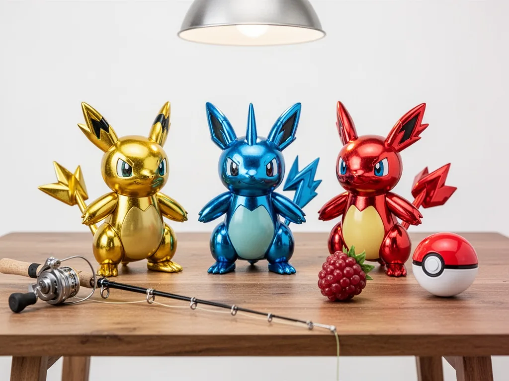 Three shiny Pokémon figures in gold, blue, and red hues arranged on a wooden table, a fishing rod, a berry, and a Pokéba