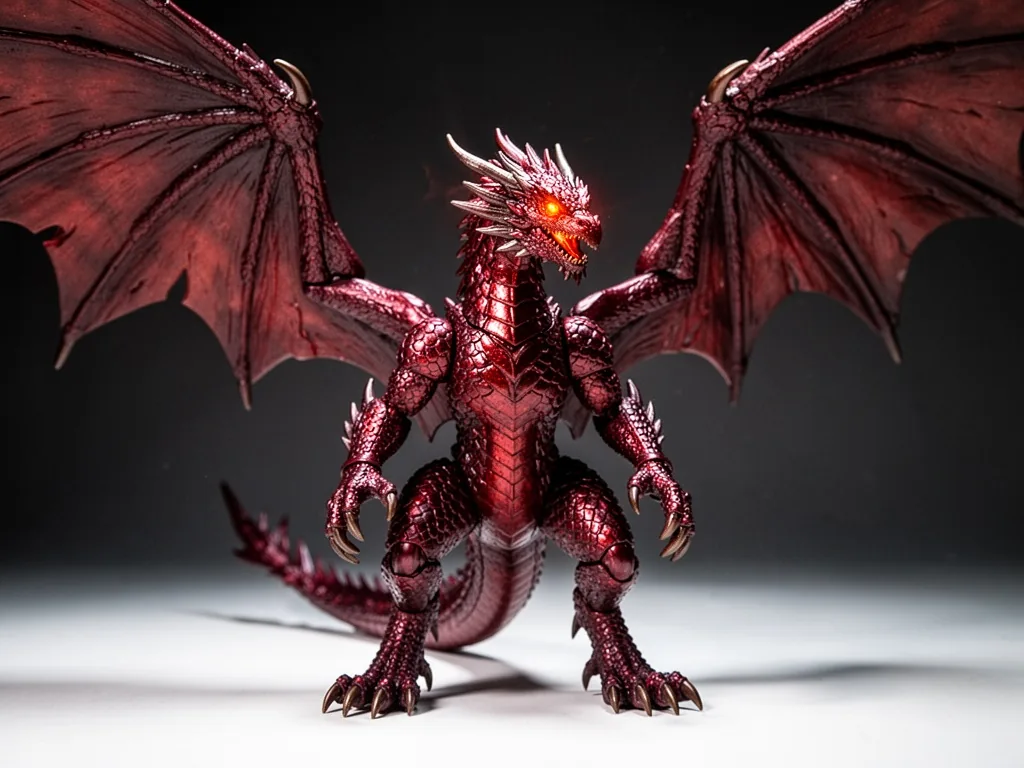 A dragon action figure with metallic scales in deep crimson, wings spread, poised for battle, glowing eyes catching hars