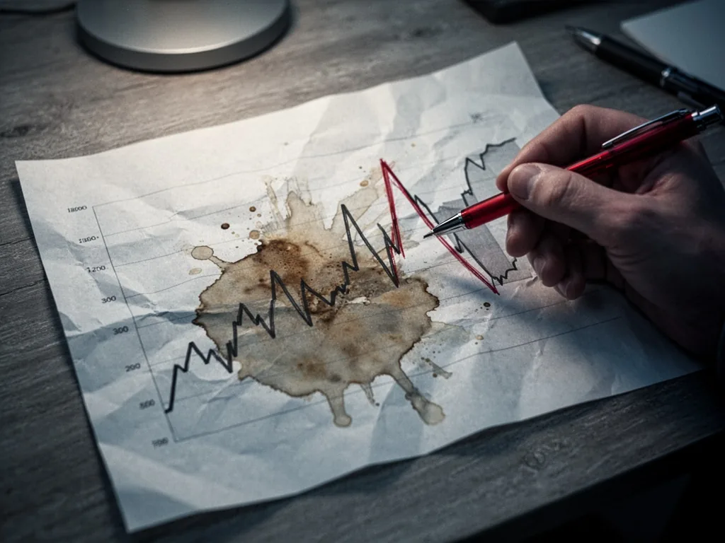A jagged line graph on crumpled paper with a coffee stain, a hand holding a red pen crossing out a sharp spike, soft ove