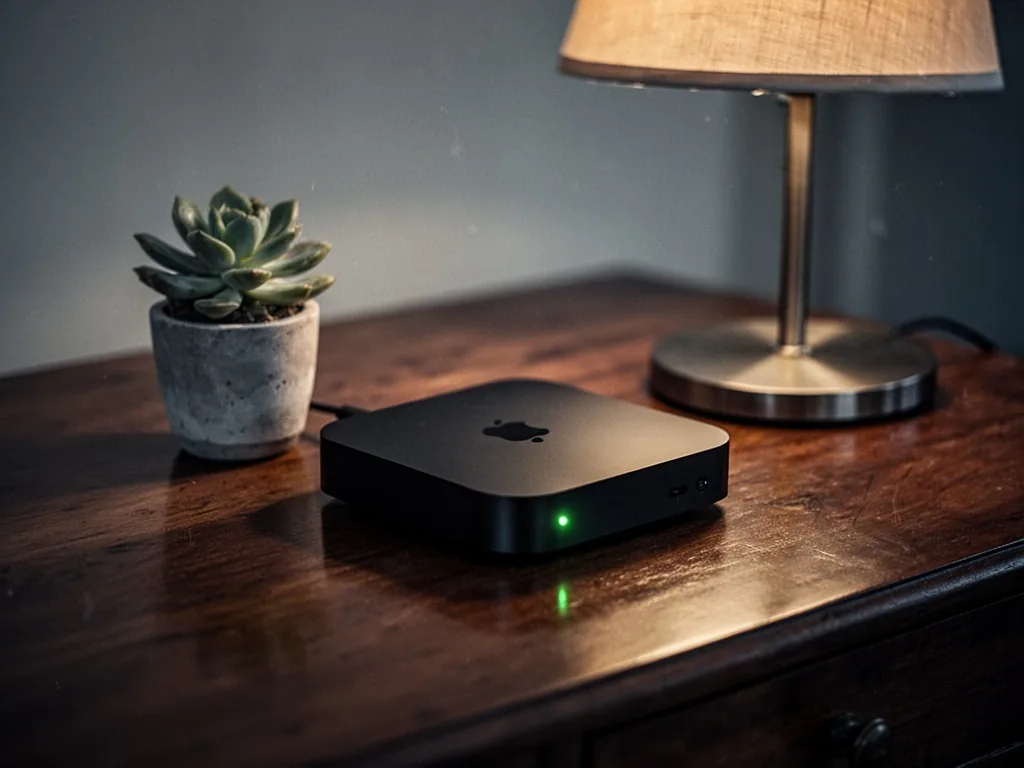 A sleek streaming box with a green LED indicator, on a polished wooden table next to a small potted succulent, warm ambe