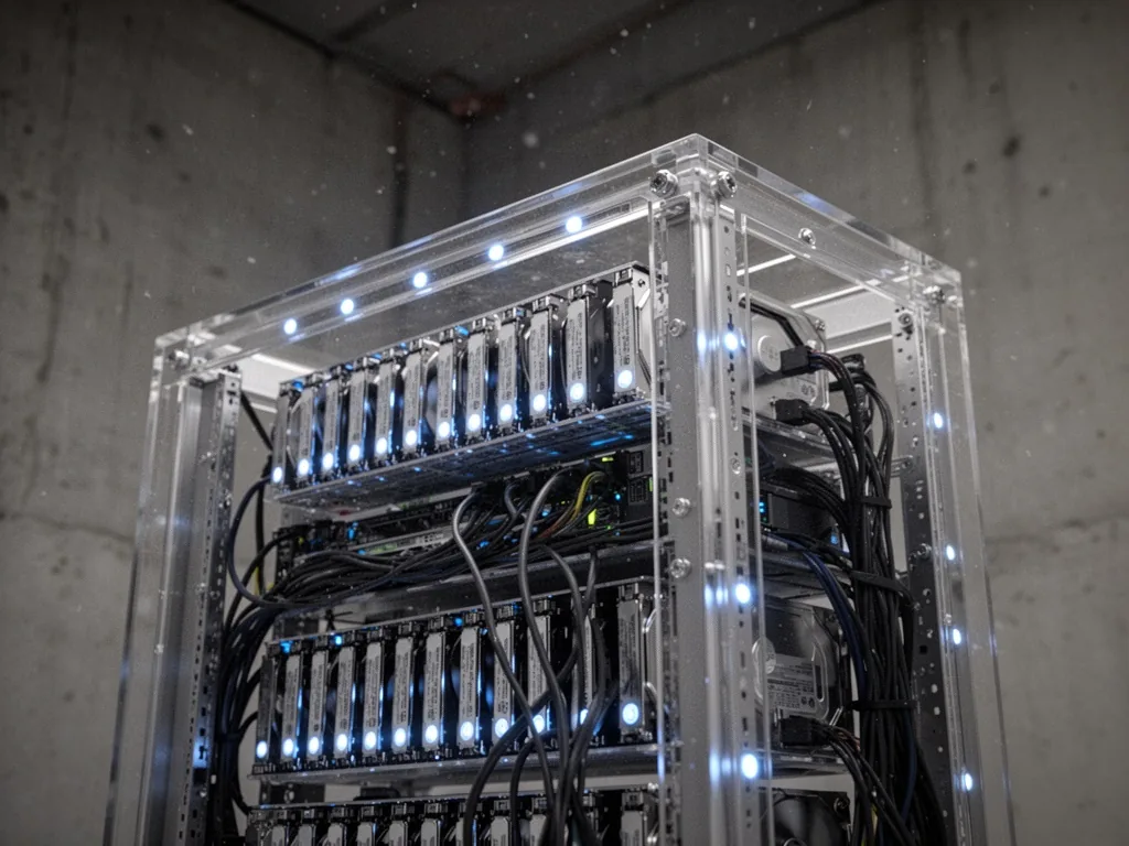 A transparent data server rack with glowing blue LEDs and rows of hard drives, cables neatly arranged, dim industrial li