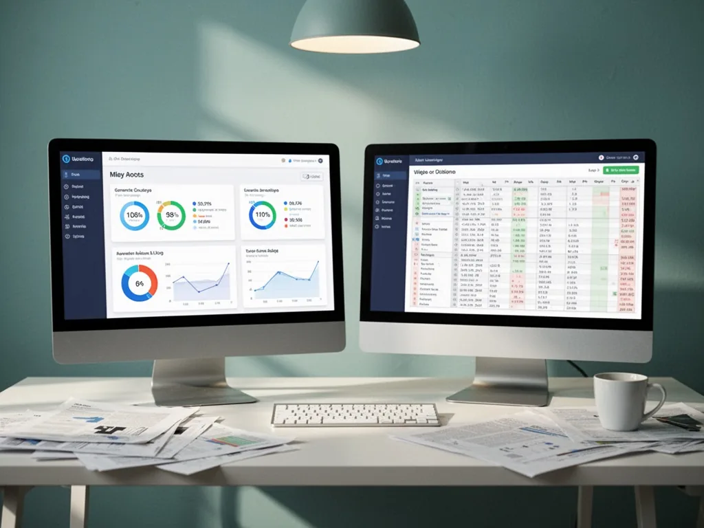 Two computer monitors side by side displaying contrasting data dashboards, one with modern clean layout, other with trad