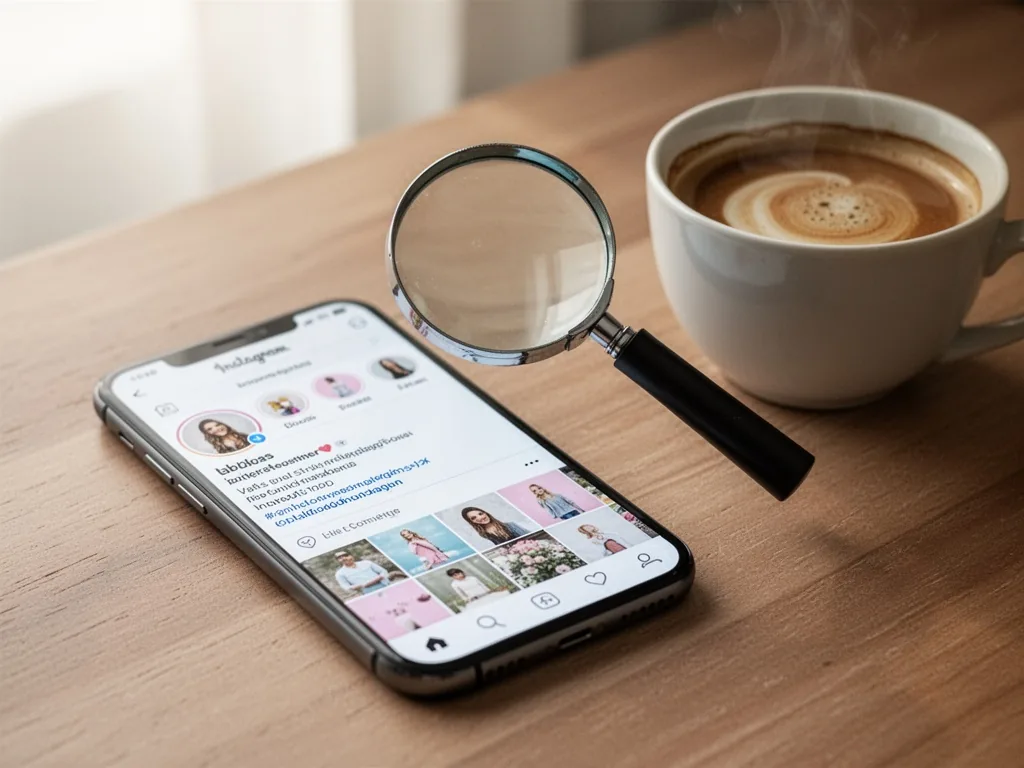 A smartphone screen displaying an Instagram profile page with a magnifying glass hovering above it, placed on a wooden d