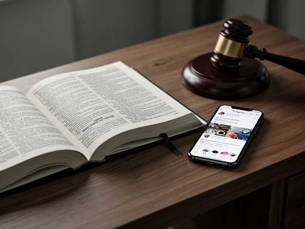 A wooden desk with a law book open to a legal text, a smartphone showing an Instagram profile next to it, a judge's gave