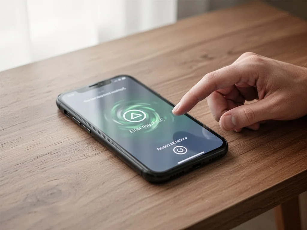 A smartphone lying on a wooden table, screen showing an error message and a spinning loading icon, a human hand reaching