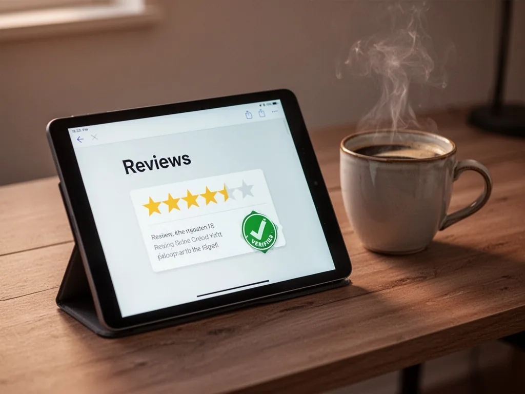 A tablet screen displaying a review page with a five-star rating and a green verified badge, placed on a wooden desk bes