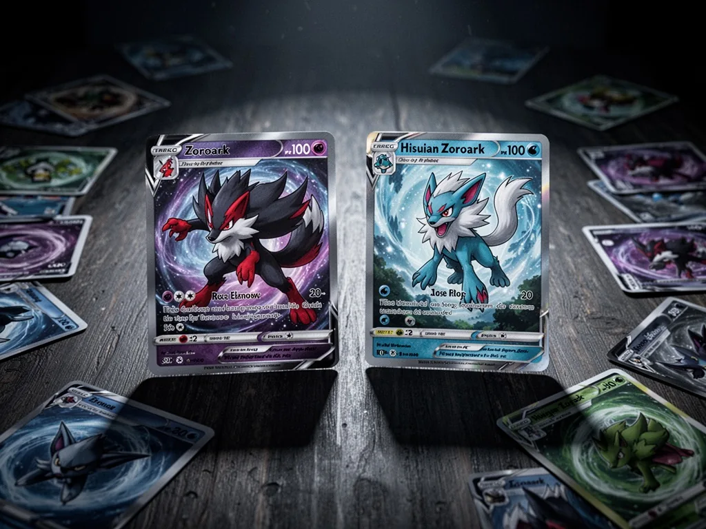 A glossy Pokémon TCG card of Zoroark and a Hisuian Zoroark card side by side on a dark wooden table, scattered energy ca
