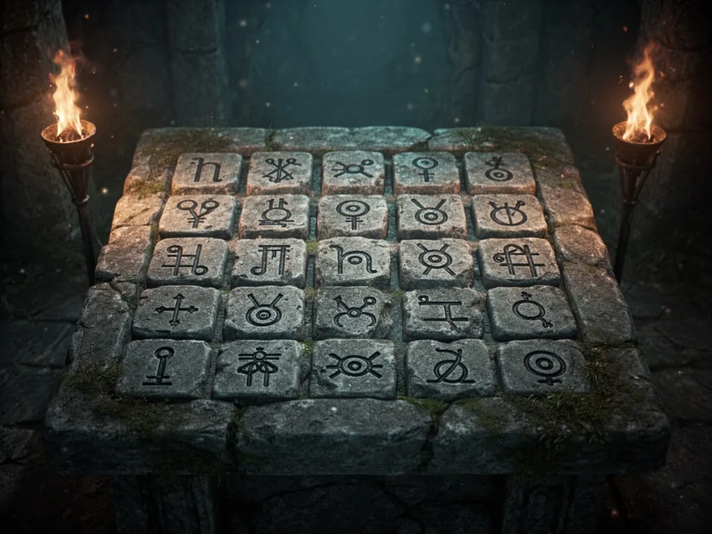 Twenty-eight weathered stone tiles, each engraved with a distinct ancient Unown symbol, arranged in a precise grid on a 