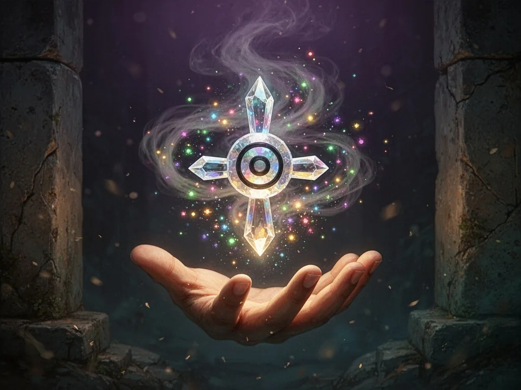 A single crystalline Unown character hovering above an open palm, emitting a swirling mist of multicolored light particl