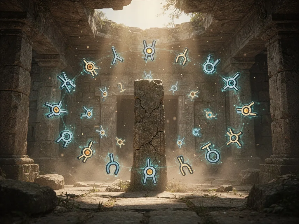 Ancient stone ruins with dozens of floating Unown symbols in a circular orbit around a cracked stone pillar, shafts of g
