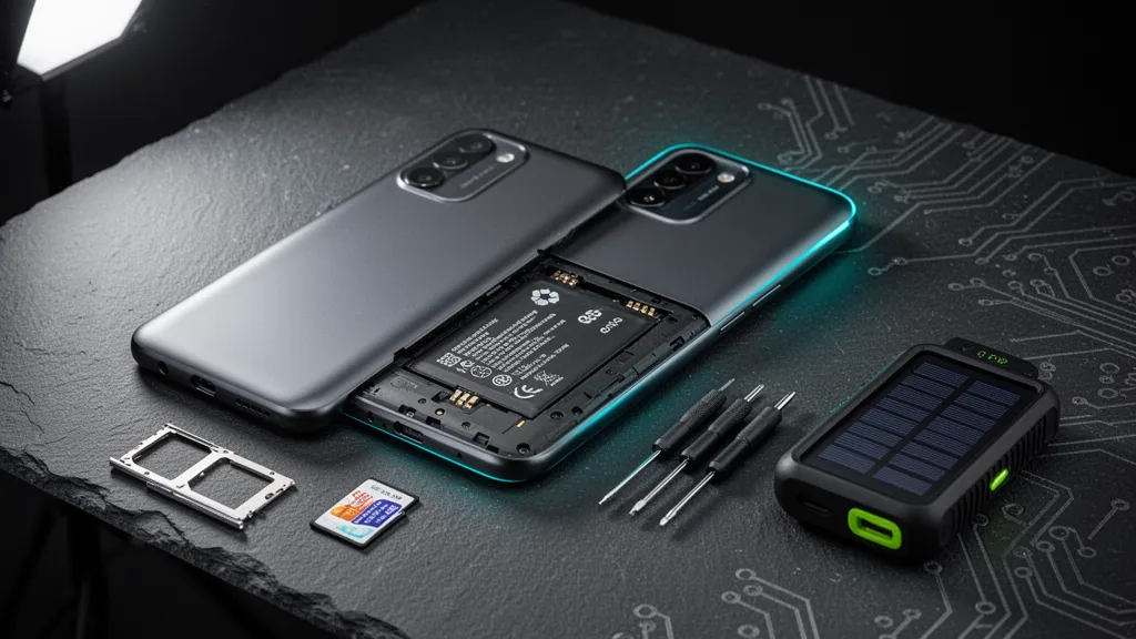 Un téléphone posé sur une table, vue rapprochée du module photo et du bord d'écran