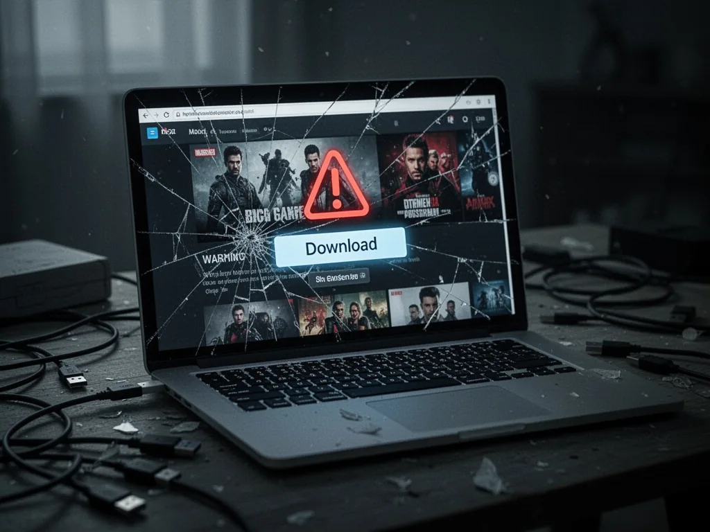 A cracked laptop screen displaying a fake download button overlay on a streaming site, dim room light, scattered USB cab