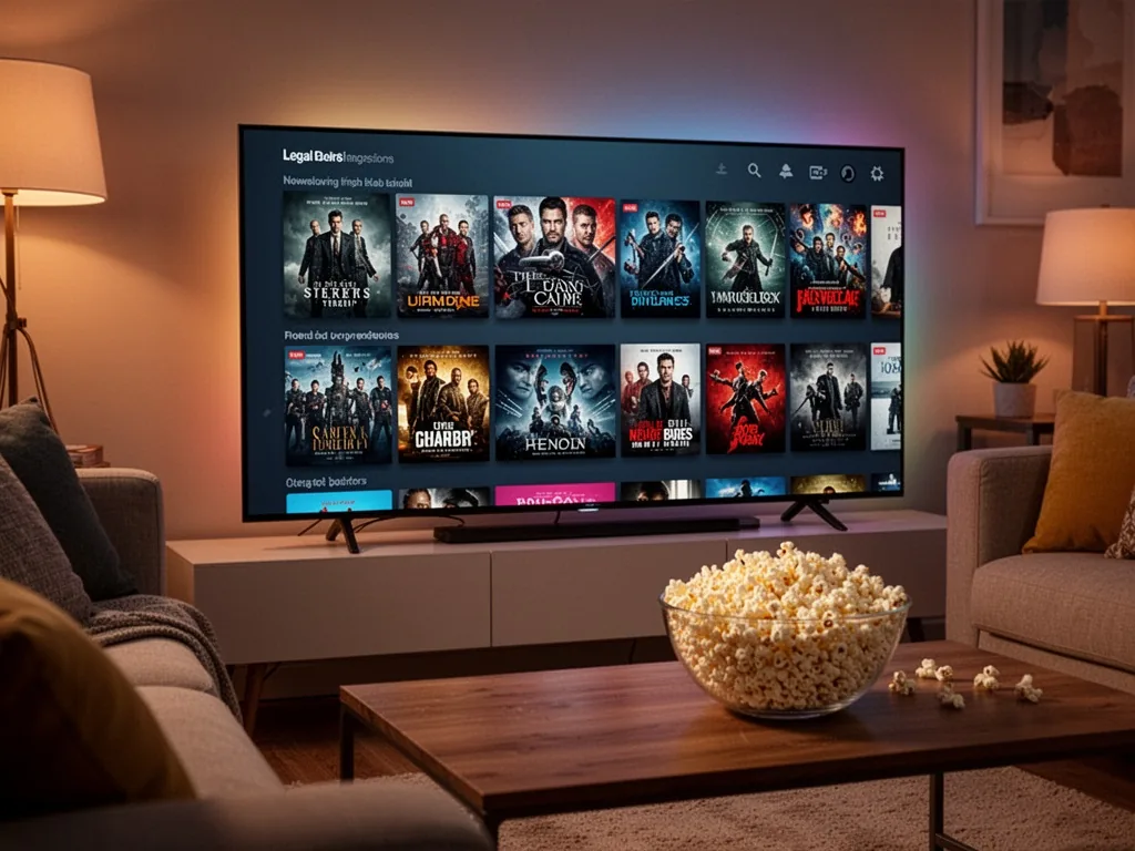 A modern smart TV displaying a grid of movie posters on a legal streaming platform, with a bowl of popcorn on a coffee t