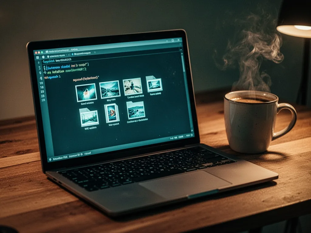 A laptop screen displaying a terminal window with typed command 'squoosh' and compressed image file icons, on a wooden d