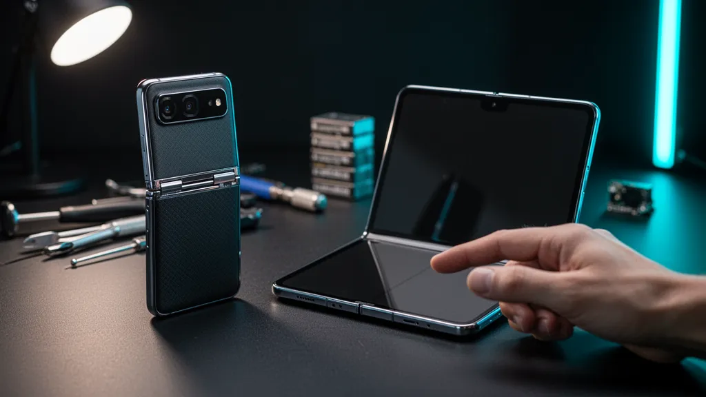 Vue d'un smartphone pliable ouvert sur une table, écran large montrant plusieurs applications