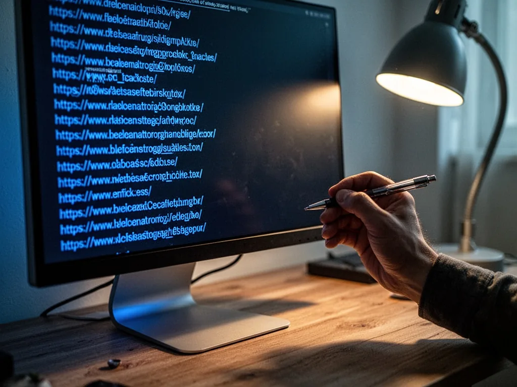 A computer monitor displaying a list of website URLs in blue text on dark background, a hand holding a pen poised near t