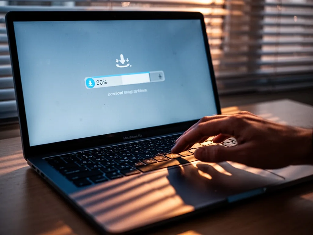 A laptop screen showing a download progress bar at 90%, a finger hovering over the trackpad, soft evening light through