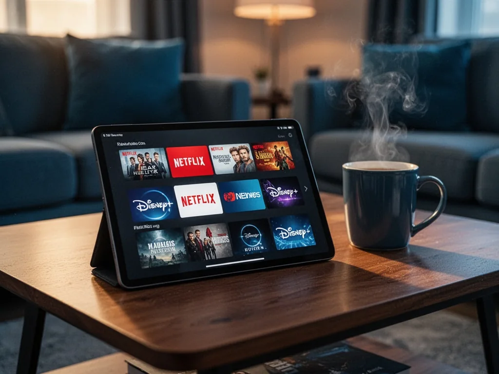 A tablet screen displaying a grid of streaming service logos like Netflix and Disney+, placed on a coffee table with a s