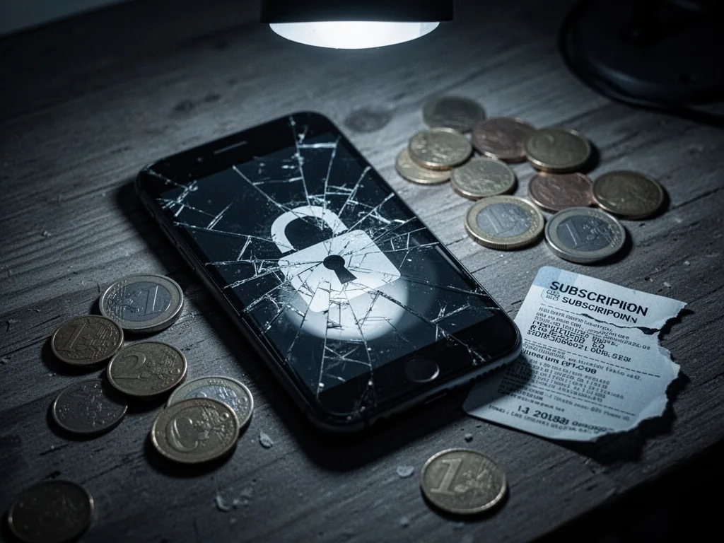 A cracked smartphone screen displaying a broken padlock icon, scattered euro coins and a torn subscription card on a woo