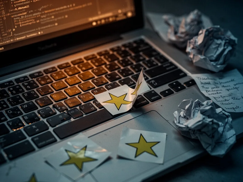 A laptop keyboard close-up with scattered star-rating stickers, one star partially peeled off, crumpled paper notes besi