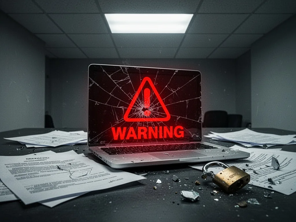 A cracked laptop with a red warning overlay on a dark desk, legal papers scattered, broken padlock, cold fluorescent cei
